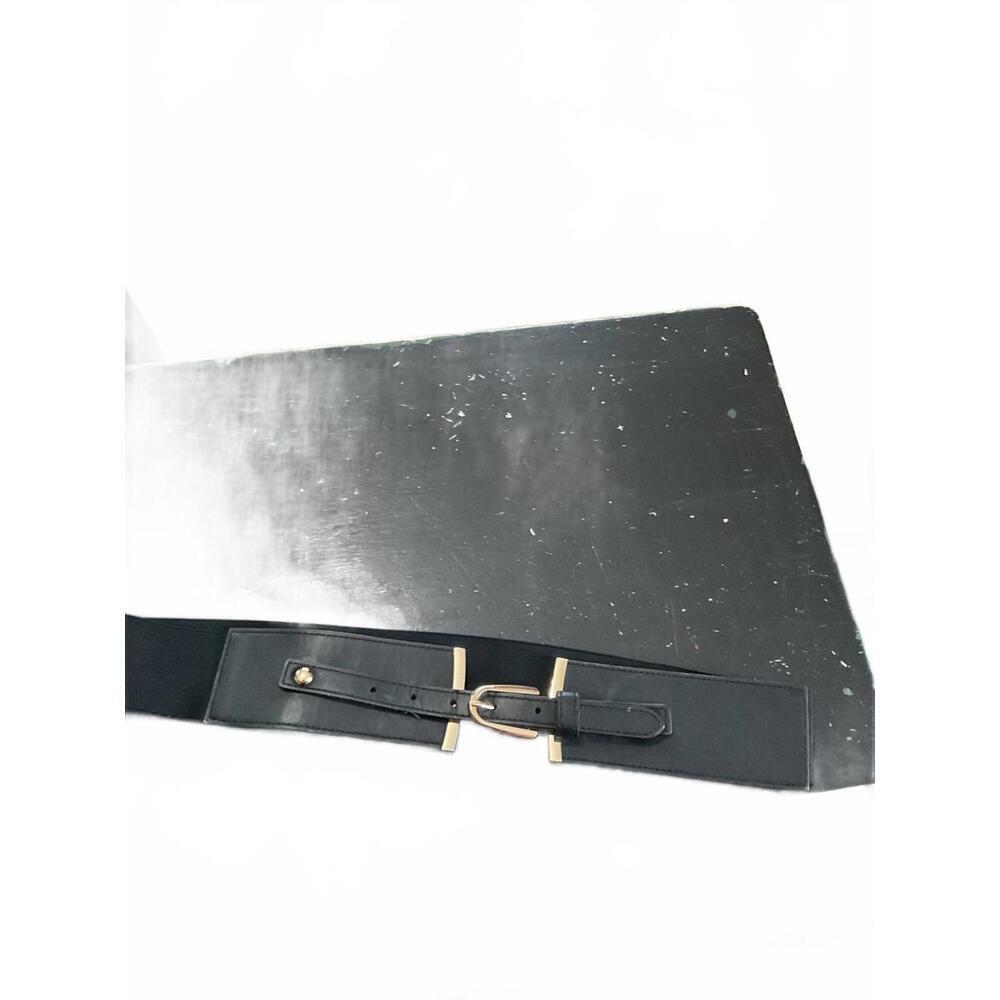 Black Wide Faux Leather Elastic Belt with Gold Buckle Detail